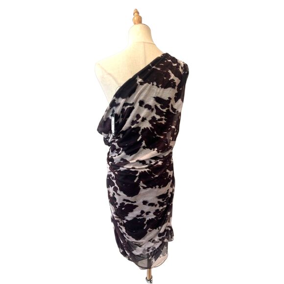 Boohoo Brown White Size 14 Cow Print Mini Dress Off One Shoulder Side Ruching - Picture 3 of 8
